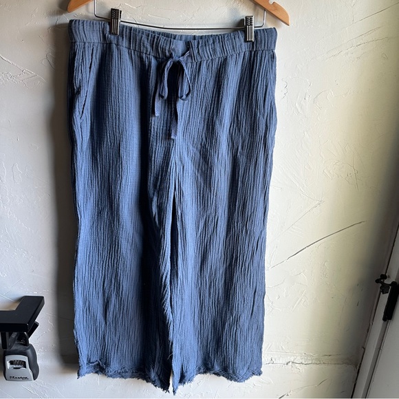 Eileen Fisher Blue Organic Cotton Gauze Wide-Leg Pant Cropped Sz L 22” Inseam - Picture 2 of 13